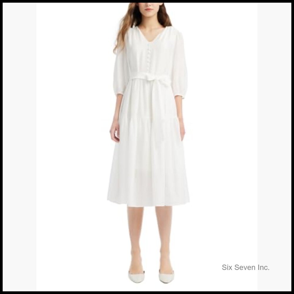 Acetate 3/4 Sleeve V-Neck Wrap Midi Dress Wedding Guest Casual - Picture 3 of 6